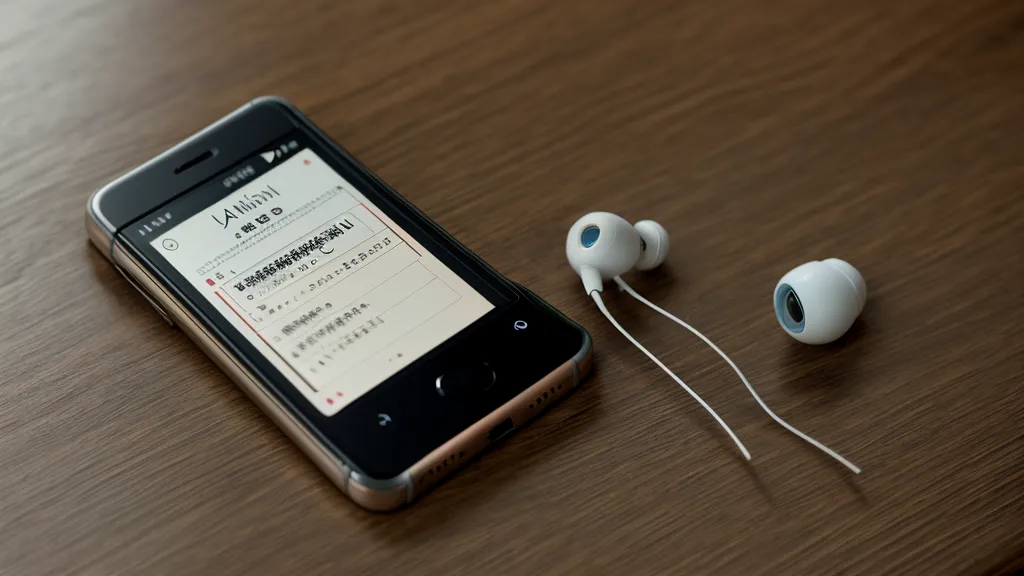 Celular mostrando una lección de gramática japonesa con audífonos sobre una mesa de madera.